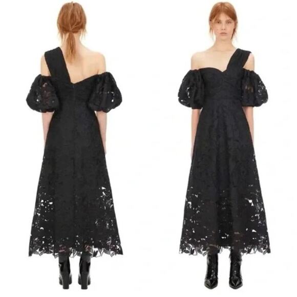 Self-Portrait Black Puff Sleeve Leaf Guipure Midi Dress - Picture 1 of 9
